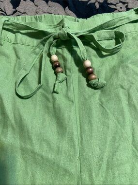 Chartreuse Green Linen  Tie-Waistbelt Pants with Wooden Bead Detail